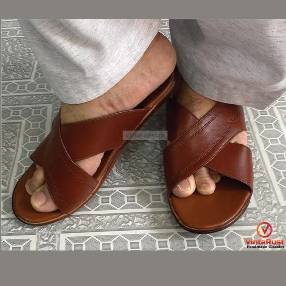 Brown Cross-Strap Flats, Handmade Brown Leather Cross-Strap Sandals, Men’s Open - Picture 2 of 7